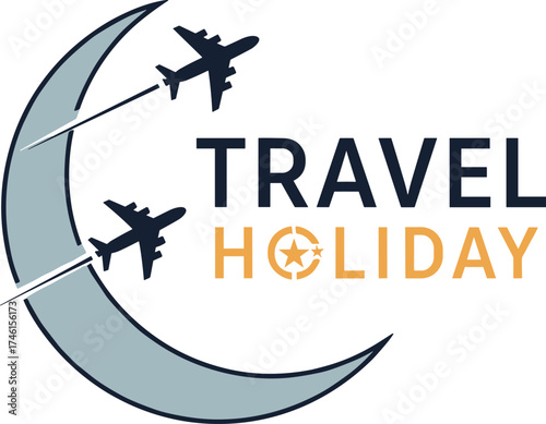 Modern Travel Holiday Logo with Two Airplanes Flying around a Stylized Crescent Moon and Sun, Vector Symbol for Travel Agencies, Vacation Planning, and International Tourism.