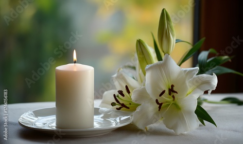 vertical candle and lily flower arrangement, peaceful atmosphere