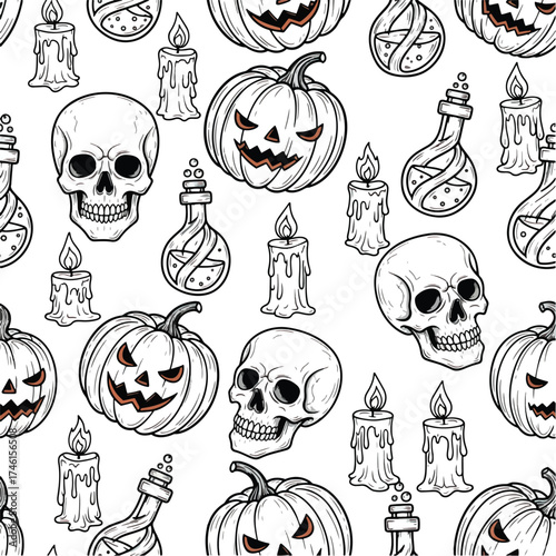A spooky hand-drawn seamless pattern with skulls, jack-o'-lanterns, candles, and potion bottles.