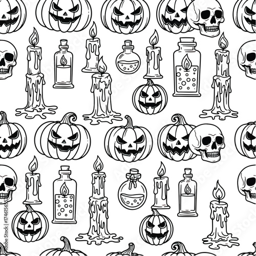 A hand-drawn seamless Halloween pattern in black and white featuring spooky jack-o'-lanterns, skulls, potion bottles, and melting candles.