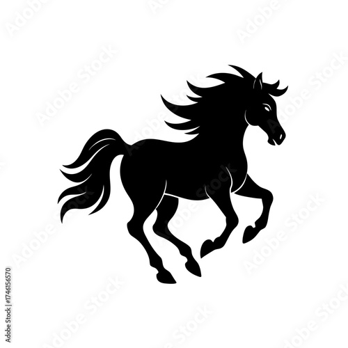 Black horse running free on transparent background silhouette