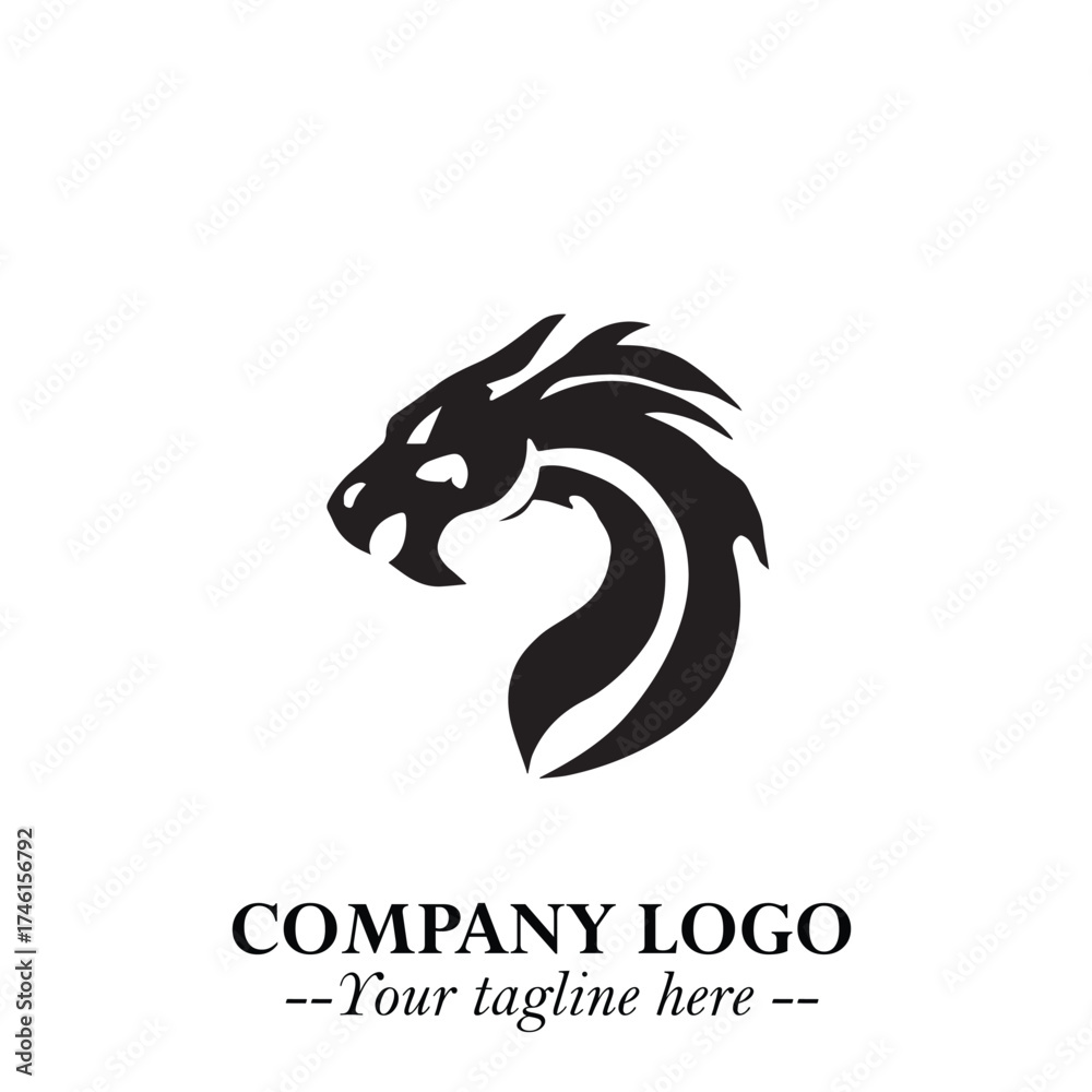 Naklejka premium Head of Dragon Logo Symbol Black on White Background in Bold Mythical Vector Design for Power Branding