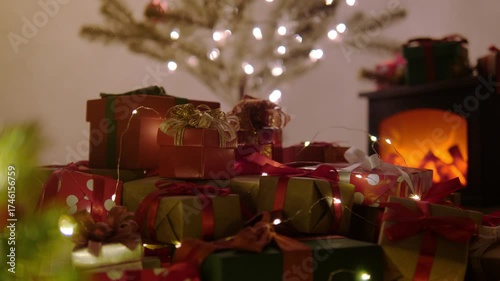 Pile of gift boxes and decorations for christmas and new year.