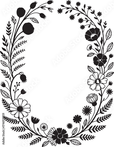 Monochrome Botanical Letter and Floral Frame Set