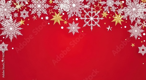 A festive red background with delicate white snowflakes and shimmering golden stars, creating a magical winter wonderland scene that evokes the holiday spirit and beauty of a snowy landscape.