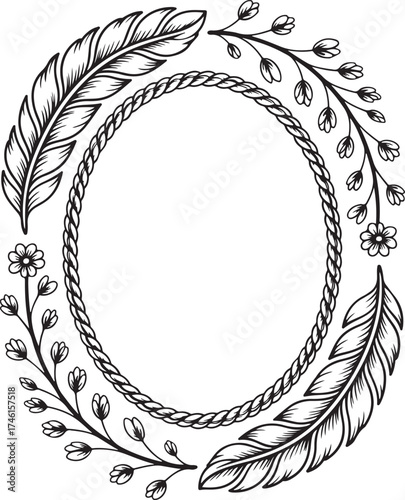 Bohemian Feather and Floral Oval Frame, Hand-Drawn Outline