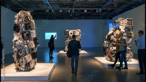 A gallery displays sculptures made of stacked electronics, viewed by visitors