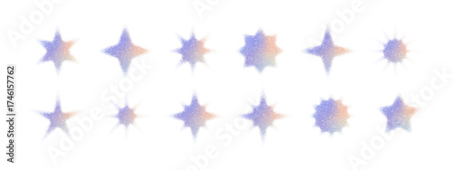 Collection of grainy gradient star icons with stipple pastel effect. Minimal glowing grainy shapes isolated on light background for poster, cosmic artwork, web and modern design