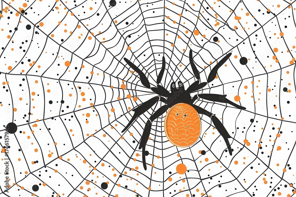 Obraz premium cartoon halloween background with spider web, pumpkins, and trees on blue night sky