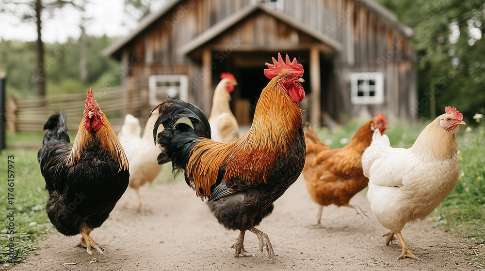 Fototapeta premium Free range chickens walking in countryside farmyard