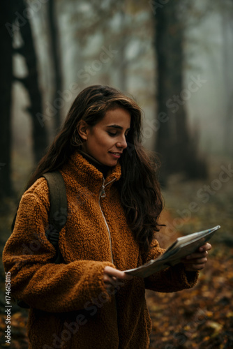 Woman navigating forest with map on foggy autumn day