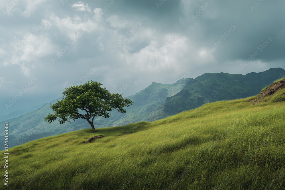 Fototapeta premium Single tree on green hill under cloudy sky