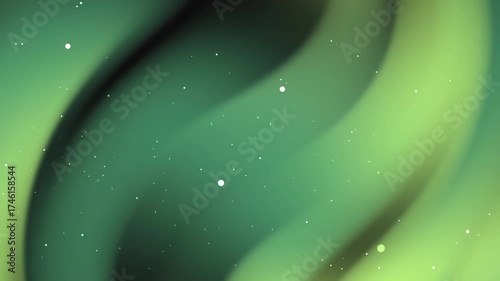 Abstract swirling green aurora effect with white specks suitable as a background for tech, scifi, or naturethemed designs.