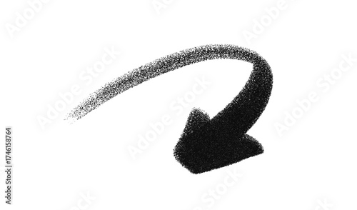Graffiti arrow in stipple art style with rounded curve pointing down. Spray texture and grain shading in black and white. Abstract vector arrow for navigation, recycle, street art and creative design
