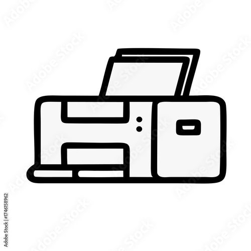A simple, hand-sketched black and white printer or printing machine icon. Ideal for designs that require a representation of office hardware, technology, or the process of printing documents.