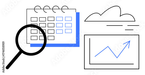 Magnifying glass inspecting calendar, chart with rising line, and cloud. Ideal for data analysis, forecasting, productivity, planning, growth tracking scheduling digital tools. Simple flat metaphor