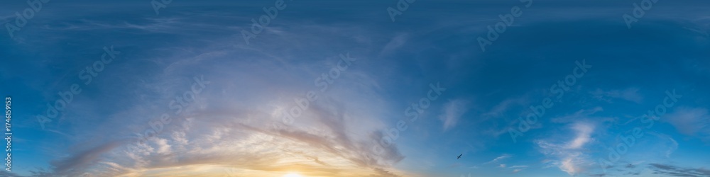 Fototapeta premium Seamless 360 HDR spherical panorama of sunset sky with vibrant pink Cirrus clouds. Full zenith or sky dome in 3D, sky replacement for aerial drone panoramas. Climate and weather change.