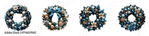 Christmas wreath isolated on transparent background, adorned with blue and gold ornaments, creating a festive and elegant holiday decoration for the winter season