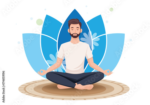 Man meditating in cross leg pose on mat with blue lotus background promoting yoga relaxation and inner peace