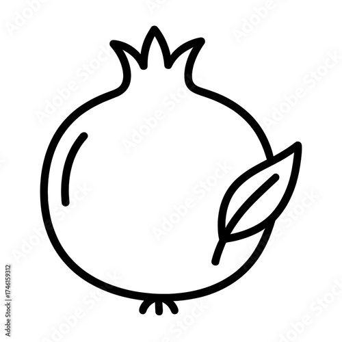 Minimalist pomegranate fruit icon – outline illustration of whole pomegranate with leaf