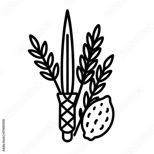 Outline icon of the Four Species for Sukkot – lulav, etrog, myrtle, and willow bundle illustration