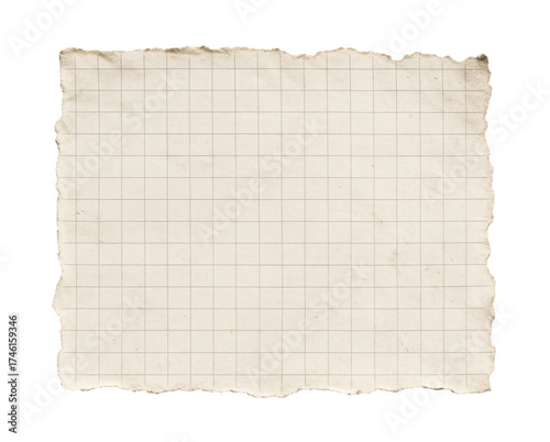 old paper sheet, torn chequered paper on transparent background 