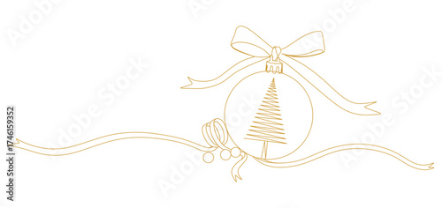 Minimalist vector illustration of a Christmas ornament with a stylized tree inside, decorated with elegant ribbons and bows. The continuous line art style creates a clean and modern festive design