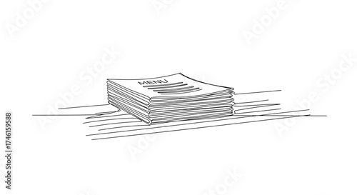 Stack of menus on wooden bar in minimalist line art style