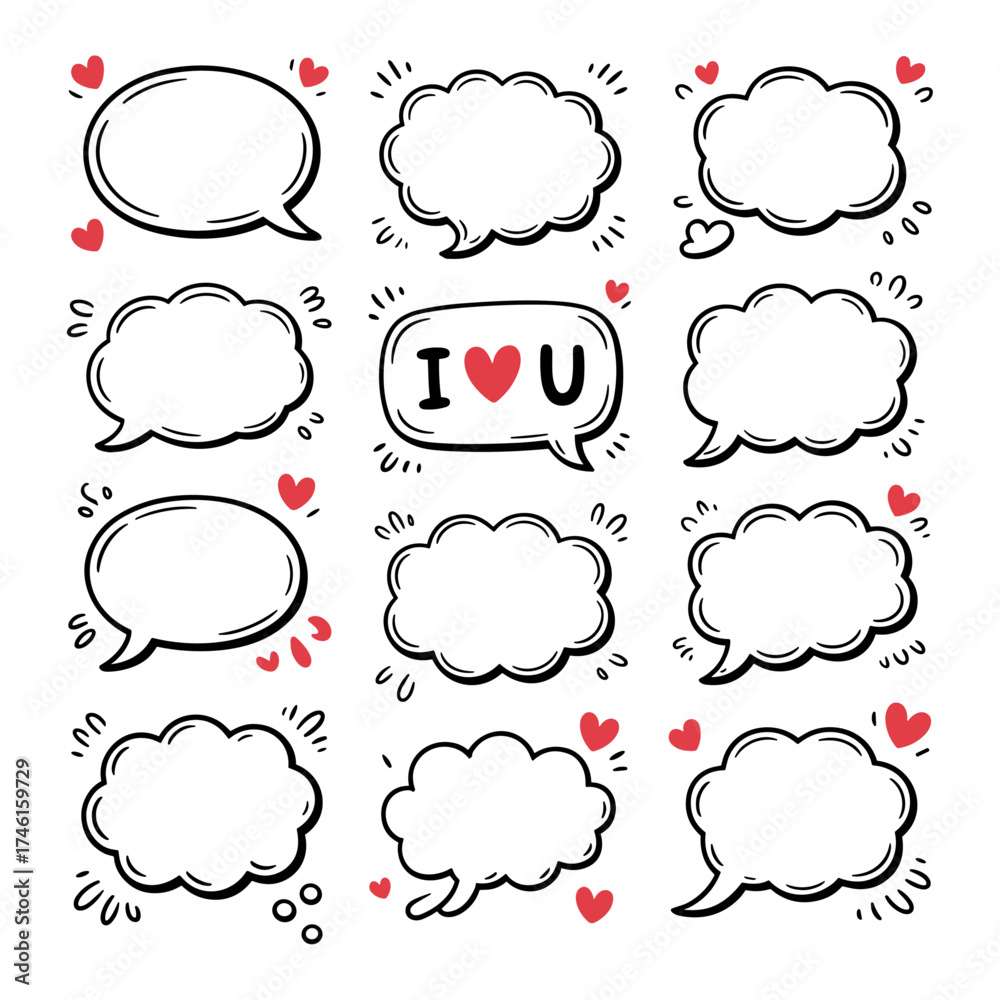 Fototapeta premium Hand drawn speech bubbles with hearts for love and communication concept