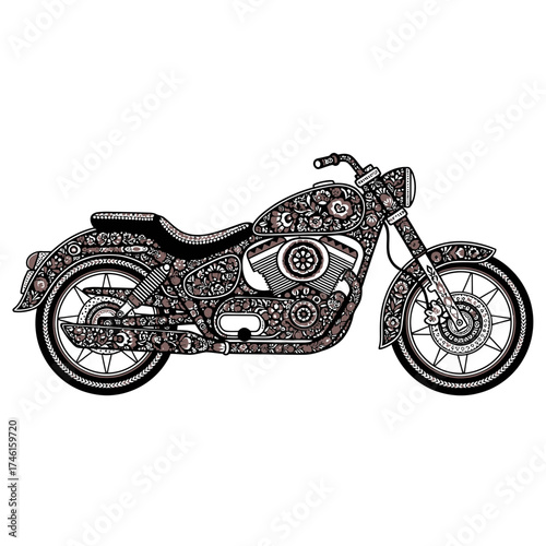 Intricate floral pattern adorns a stylish motorcycle, creating a unique and eye-catching design perfect for artistic projects and custom apparel design