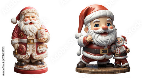 Two charming santa claus figures with jolly expressions and festive attire, isolated on transparent background, spreading holiday cheer and bringing joy to the season