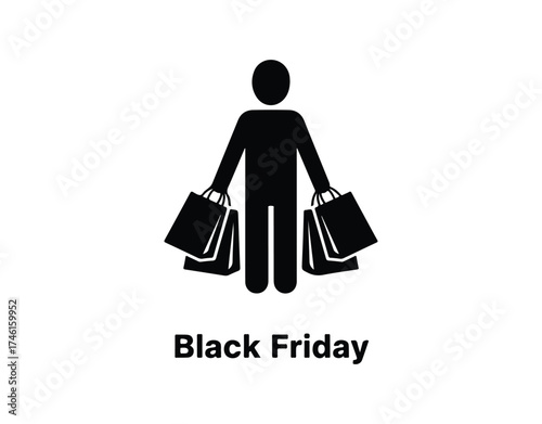Icon of a buyer with packages, representing the Black Friday theme, featuring a shopper symbol on a white backdrop. This glyph-style icon of a customer with shopping bags.
