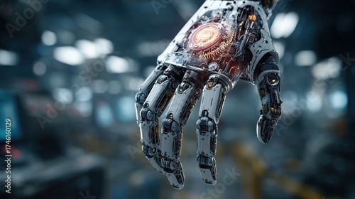 Futuristic Robotic Hand with Intricate Mechanics and Glowing Core in High-Tech Environment