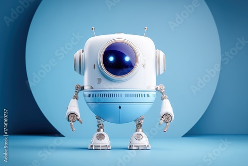 Charming Blue Robot Character in a Minimalist Studio Setting with Vibrant Background