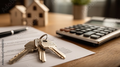 Real Estate Process with Keys, Documents, Calculator, and Wooden House Models on Table