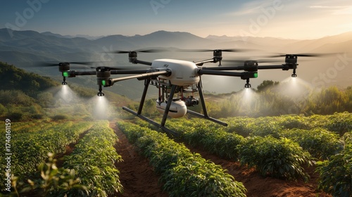 Drone Flying Over Lush Green Fields with Mountains in Background at Sunrise