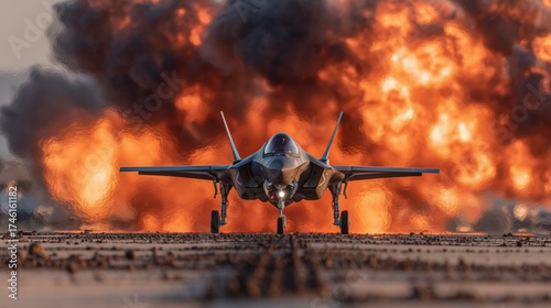 Powerful Fighter Jet in Front of Explosive Fireball at Sunset Capturing a Dramatic Moment