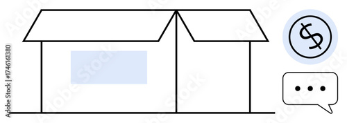 Minimalistic house blueprint alongside dollar icon and speech bubble. Ideal for real estate, budgeting, savings, construction planning, homeownership, investment, decision-making. Clean simple flat