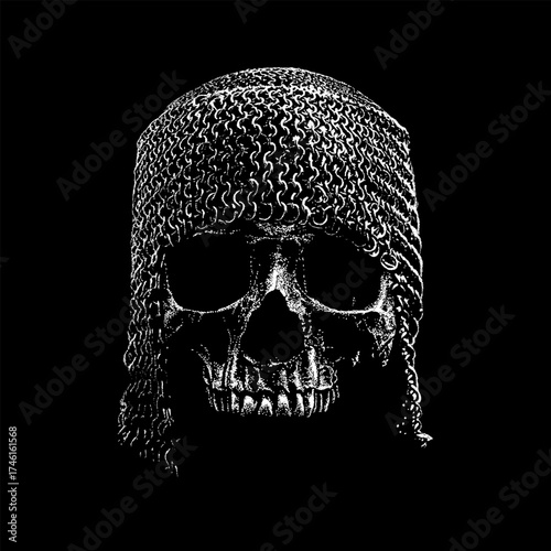 A dark and detailed black and white illustration of a Templar skull wearing a chainmail hood. The artwork combines medieval and gothic aesthetics, symbolizing the power and mystery of ancient knights.