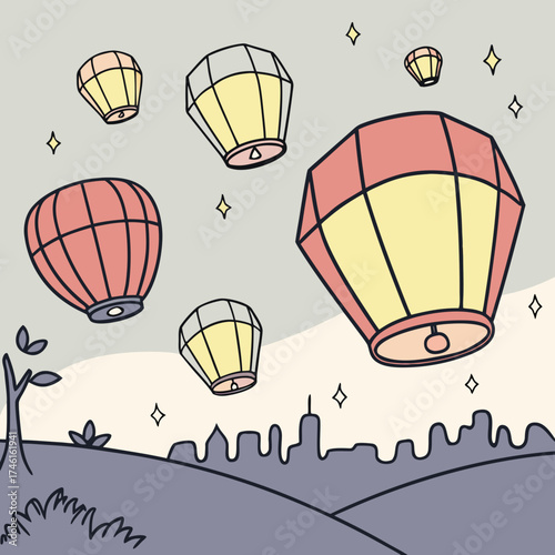 Colorful sky lanterns float serenely above a stylized city skyline at dusk