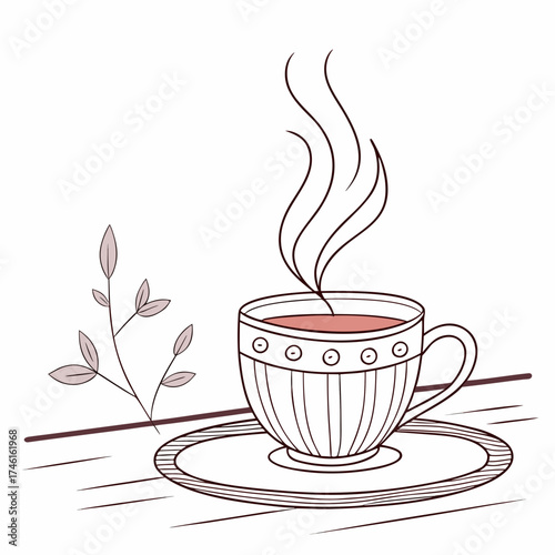 Cozy illustration of a steaming cup of tea or coffee on a saucer with a delicate plant branch nearby