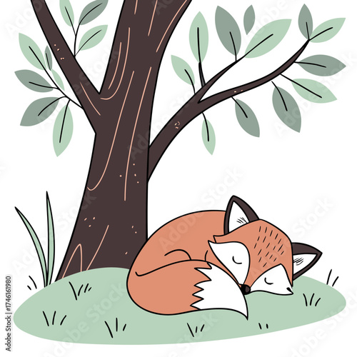 Cute cartoon fox sleeping peacefully curled up under a tree on a grassy hill