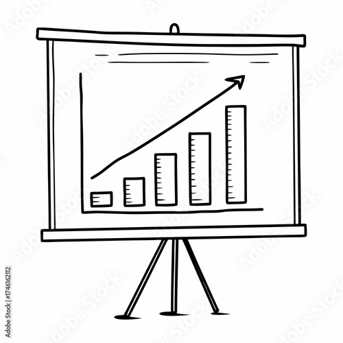 Hand drawn sketch of a bar chart showing upward trend and growth on a presentation easel