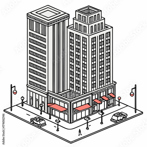 Isometric view of modern city buildings with street elements and cars in a clean line art style