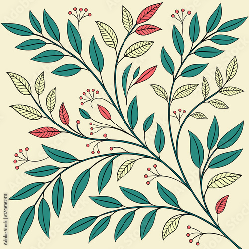 Stylized botanical illustration of teal leaves and coral berries on a cream background