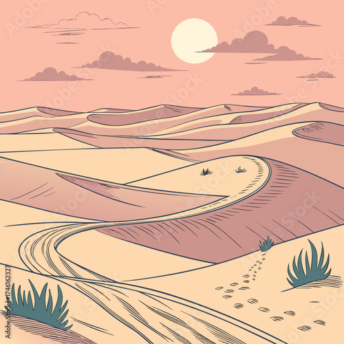 Stylized desert landscape with rolling sand dunes under a warm sun and dusty clouds