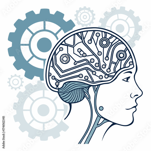 Stylized human head profile with integrated circuit brain and mechanical gears in background