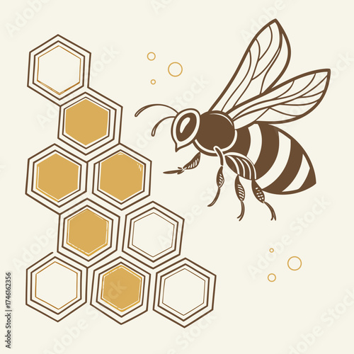 Stylized illustration of a brown bee flying near a honeycomb structure with golden cells