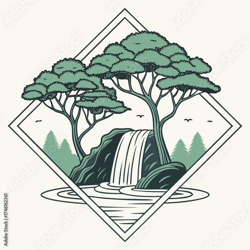 Stylized illustration of a serene waterfall cascading down rocks with trees and birds in a diamond frame