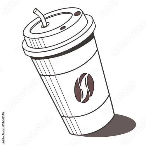 Stylized illustration of a white disposable coffee cup with a lid and straw featuring a coffee bean logo
